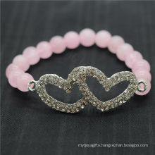 Rose Quartz 8MM Round Beads Stretch Gemstone Bracelet with Diamante Alloy Double heart Piece